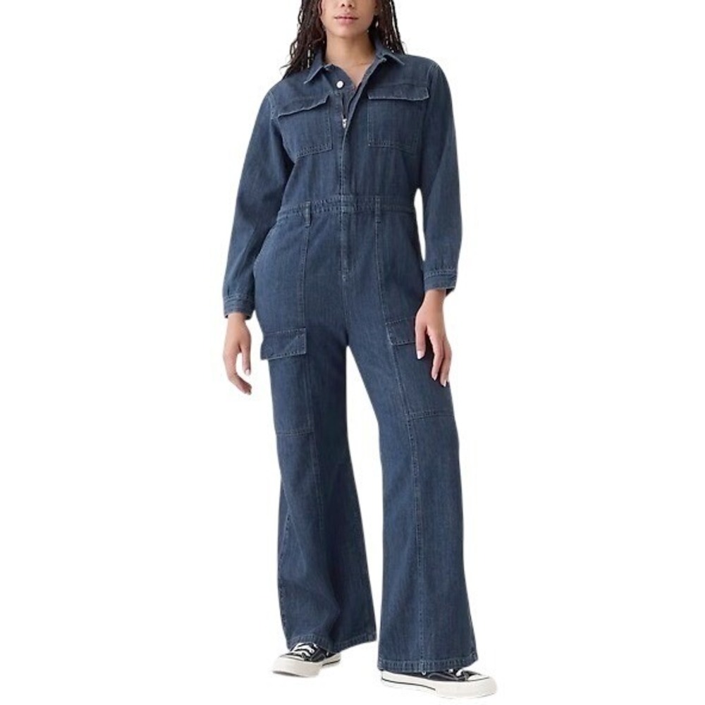 NWT Gap Womens Blue Denim‎ Collared Long Sleeve Wide-Leg Cargo Jumpsuit Size 6
